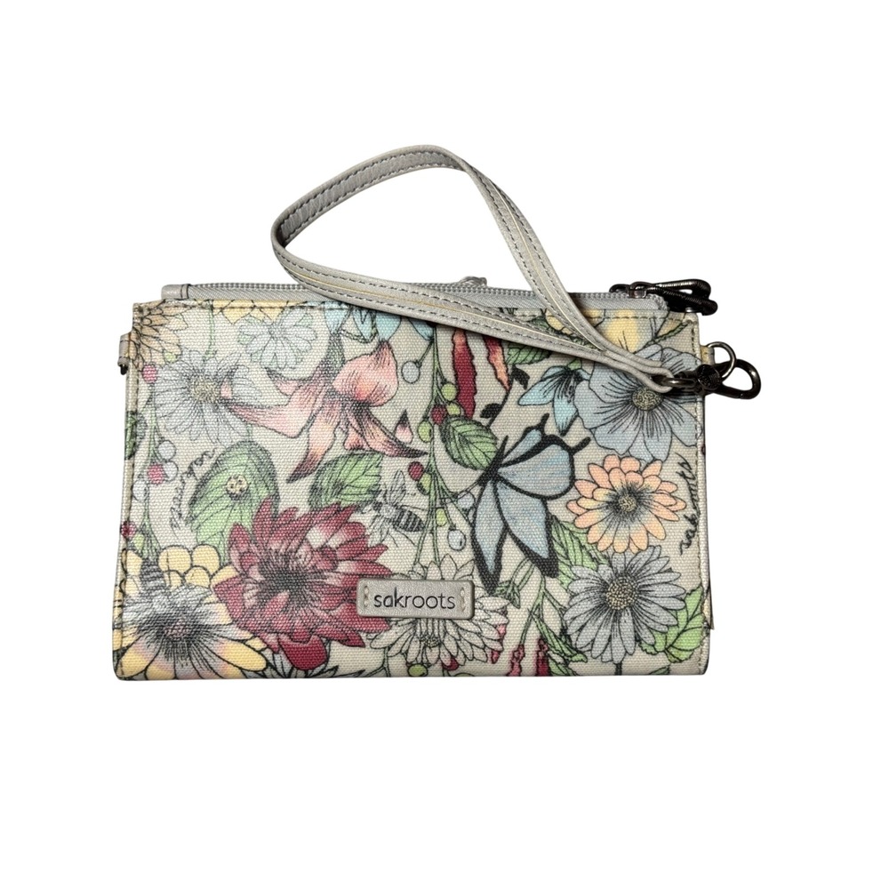 NWOT Sakroots Artist Circle Floral Butterfly Wristlet Wallet Coated Canvas Cream